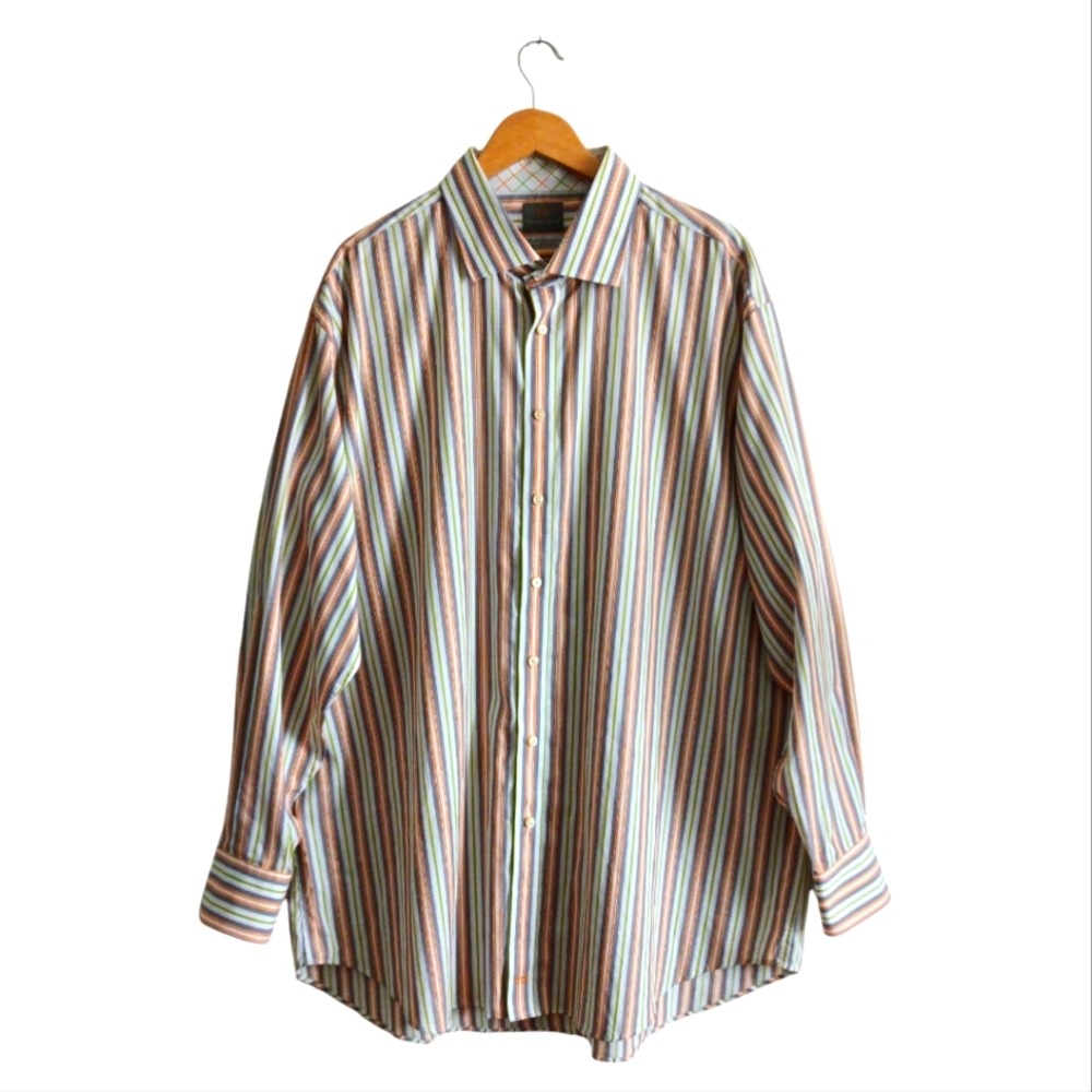 Thomas Dean Button Down Shirt 3XLT Colorful Strip Pima Cotton Blue Orange Green